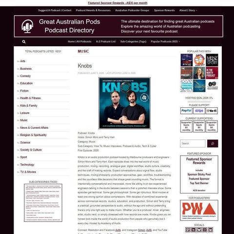 Knobs   
Screenshot of the podcast listing on the Great Australian Pods website