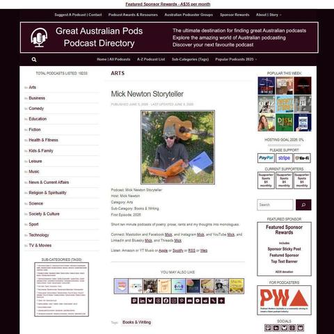 Mick Newton Storyteller   
Screenshot of the podcast listing on the Great Australian Pods website