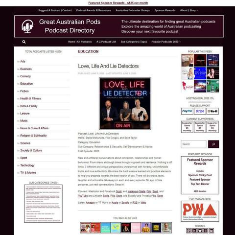 Love, Life And Lie Detectors
Screenshot of the podcast listing on the Great Australian Pods website