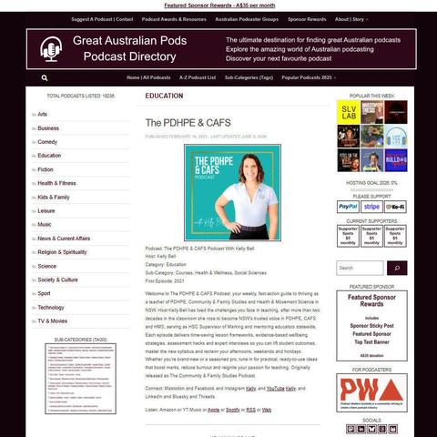 The PDHPE & CAFS Podcast With Kelly Bell   
Screenshot of the podcast listing on the Great Australian Pods website