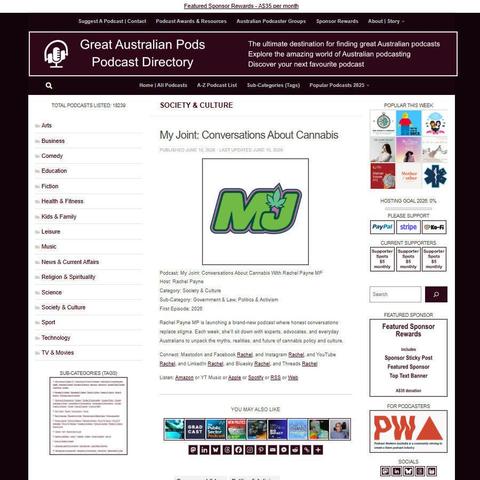 My Joint: Conversations About Cannabis With Rachel Payne MP
Screenshot of the podcast listing on the Great Australian Pods website