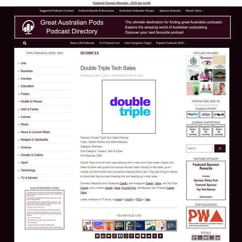 Double Triple Tech Sales Podcast
Screenshot of the podcast listing on the Great Australian Pods website