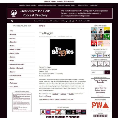 The Reggies   
Screenshot of the podcast listing on the Great Australian Pods website