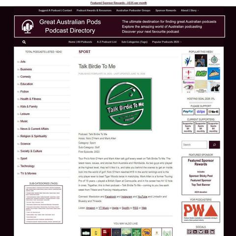 Talk Birdie To Me   
Screenshot of the podcast listing on the Great Australian Pods website
