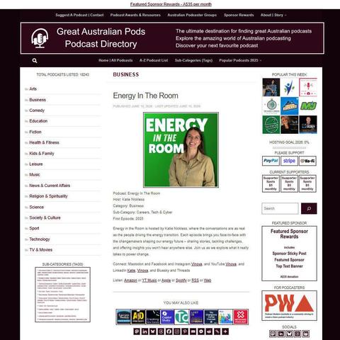 Energy In The Room
Screenshot of the podcast listing on the Great Australian Pods website
