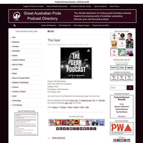 The Gear Podcast   
Screenshot of the podcast listing on the Great Australian Pods website