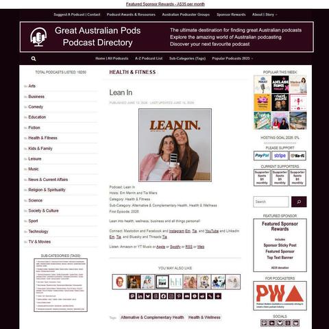 Lean In   
Screenshot of the podcast listing on the Great Australian Pods website