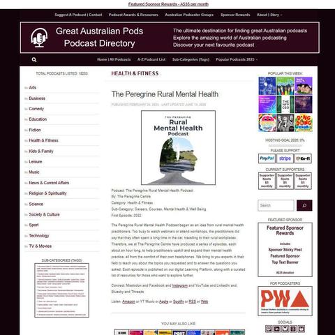 The Peregrine Rural Mental Health Podcast   
Screenshot of the podcast listing on the Great Australian Pods website