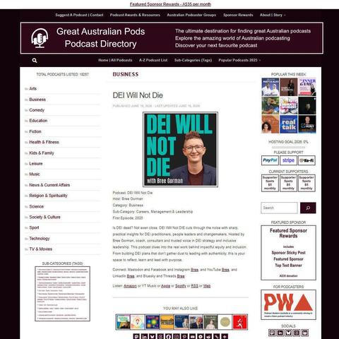DEI Will Not Die   
Screenshot of the podcast listing on the Great Australian Pods website