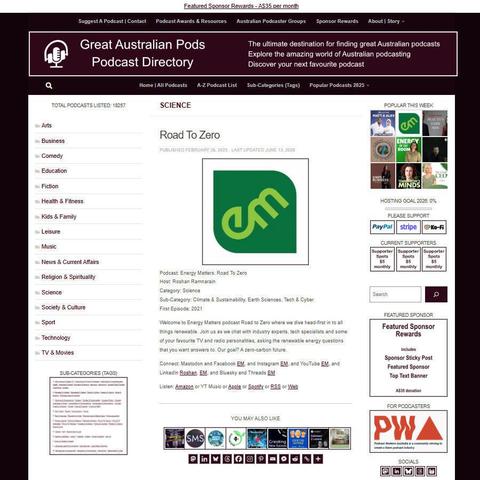 Energy Matters: Road To Zero    
Screenshot of the podcast listing on the Great Australian Pods website