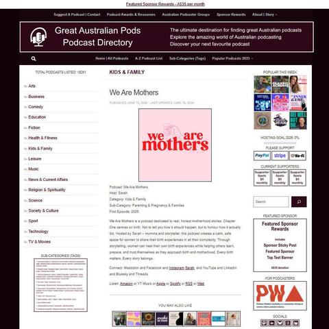 We Are Mothers.   
Screenshot of the podcast listing on the Great Australian Pods website