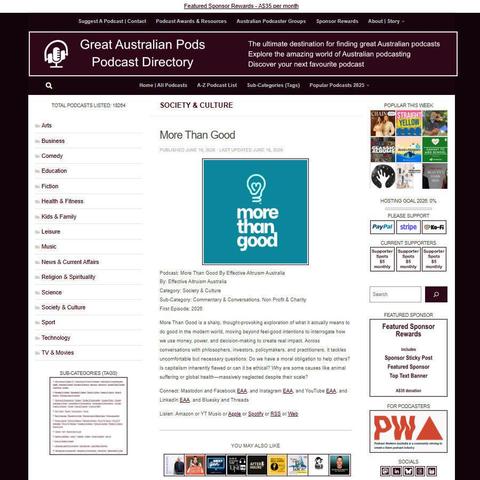 More Than Good By Effective Altruism Australia
Screenshot of the podcast listing on the Great Australian Pods website