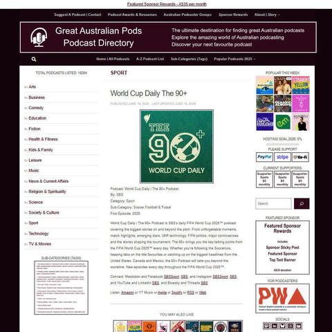 World Cup Daily | The 90+ Podcast   
Screenshot of the podcast listing on the Great Australian Pods website
