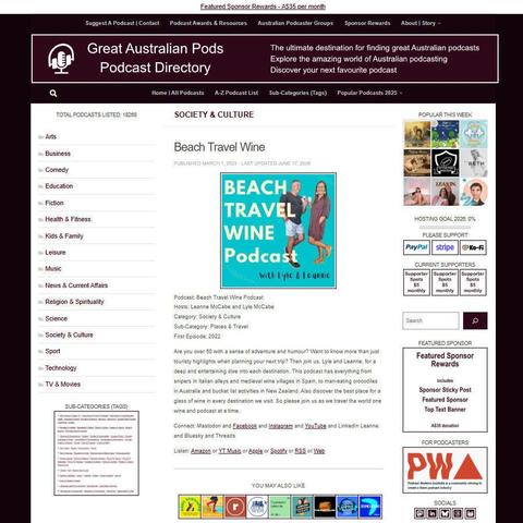 Beach Travel Wine Podcast   
Screenshot of the podcast listing on the Great Australian Pods website