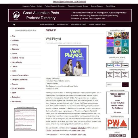 Well Played   
Screenshot of the podcast listing on the Great Australian Pods website
