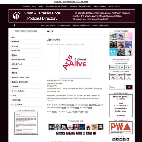 Arts Incite - Ballarat Arts Alive   
Screenshot of the podcast listing on the Great Australian Pods website