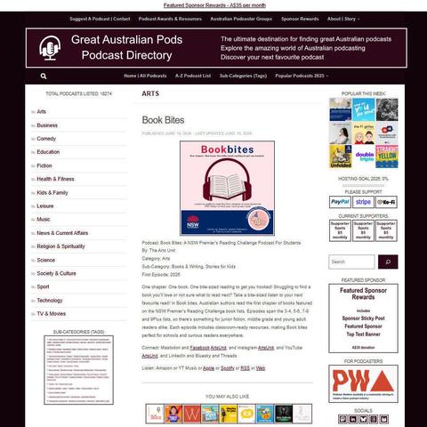 Book Bites: A NSW Premier's Reading Challenge Podcast For Students   
Screenshot of the podcast listing on the Great Australian Pods website