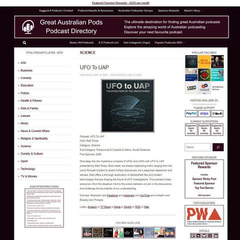 UFO To UAP
Screenshot of the podcast listing on the Great Australian Pods website