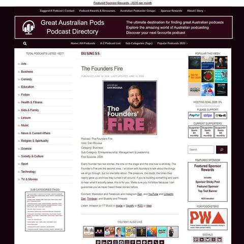 The Founders Fire   
Screenshot of the podcast listing on the Great Australian Pods website