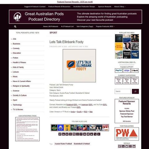 Lets Talk Ellinbank Footy   
Screenshot of the podcast listing on the Great Australian Pods website