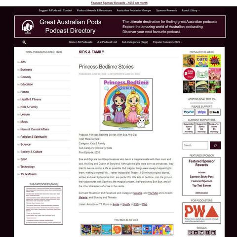 Princess Bedtime Stories With Eva And Gigi   
Screenshot of the podcast listing on the Great Australian Pods website