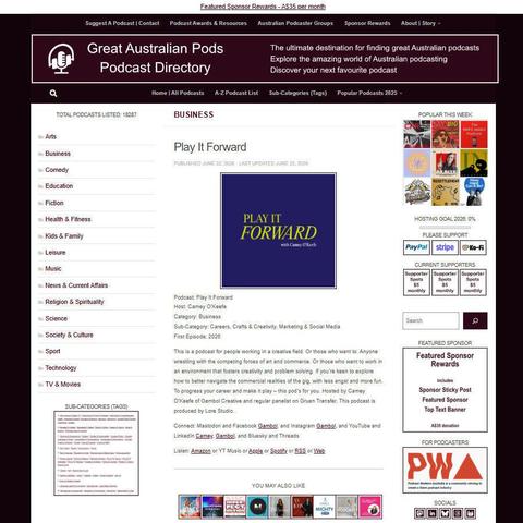 Play It Forward   
Screenshot of the podcast listing on the Great Australian Pods website