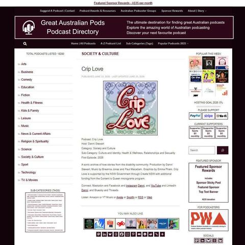 Crip Love   
Screenshot of the podcast listing on the Great Australian Pods website