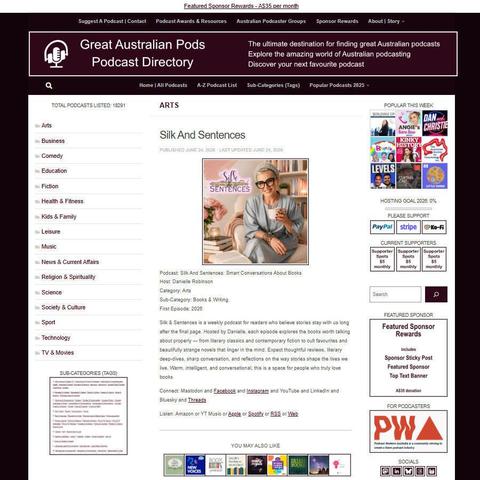 Silk And Sentences: Smart Conversations About Books   
Screenshot of the podcast listing on the Great Australian Pods website
