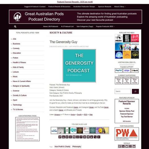 The Generosity Guy   
Screenshot of the podcast listing on the Great Australian Pods website