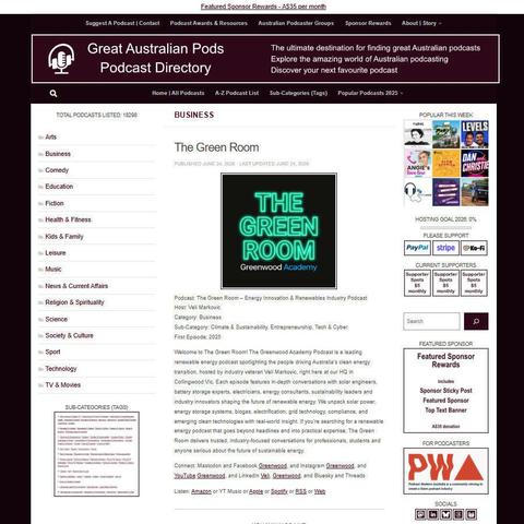 The Green Room - Energy Innovation & Renewables Industry Podcast   
Screenshot of the podcast listing on the Great Australian Pods website