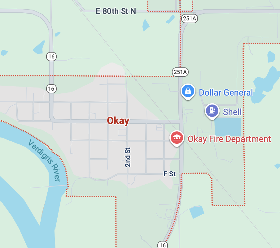 A map screenshot of a small town called Okay. It is in Oklahoma in the US.