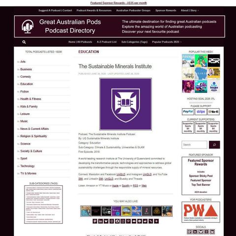 The Sustainable Minerals Institute Podcast   
Screenshot of the podcast listing on the Great Australian Pods website