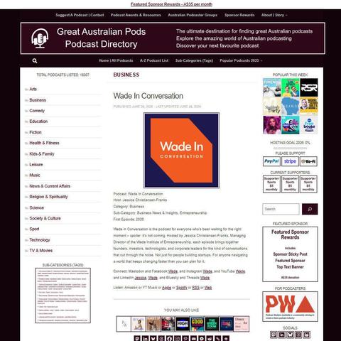 Wade In Conversation   
Screenshot of the podcast listing on the Great Australian Pods website