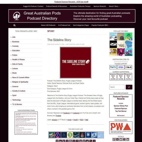 The Sideline Story: Rugby League Podcast
Screenshot of the podcast listing on the Great Australian Pods website