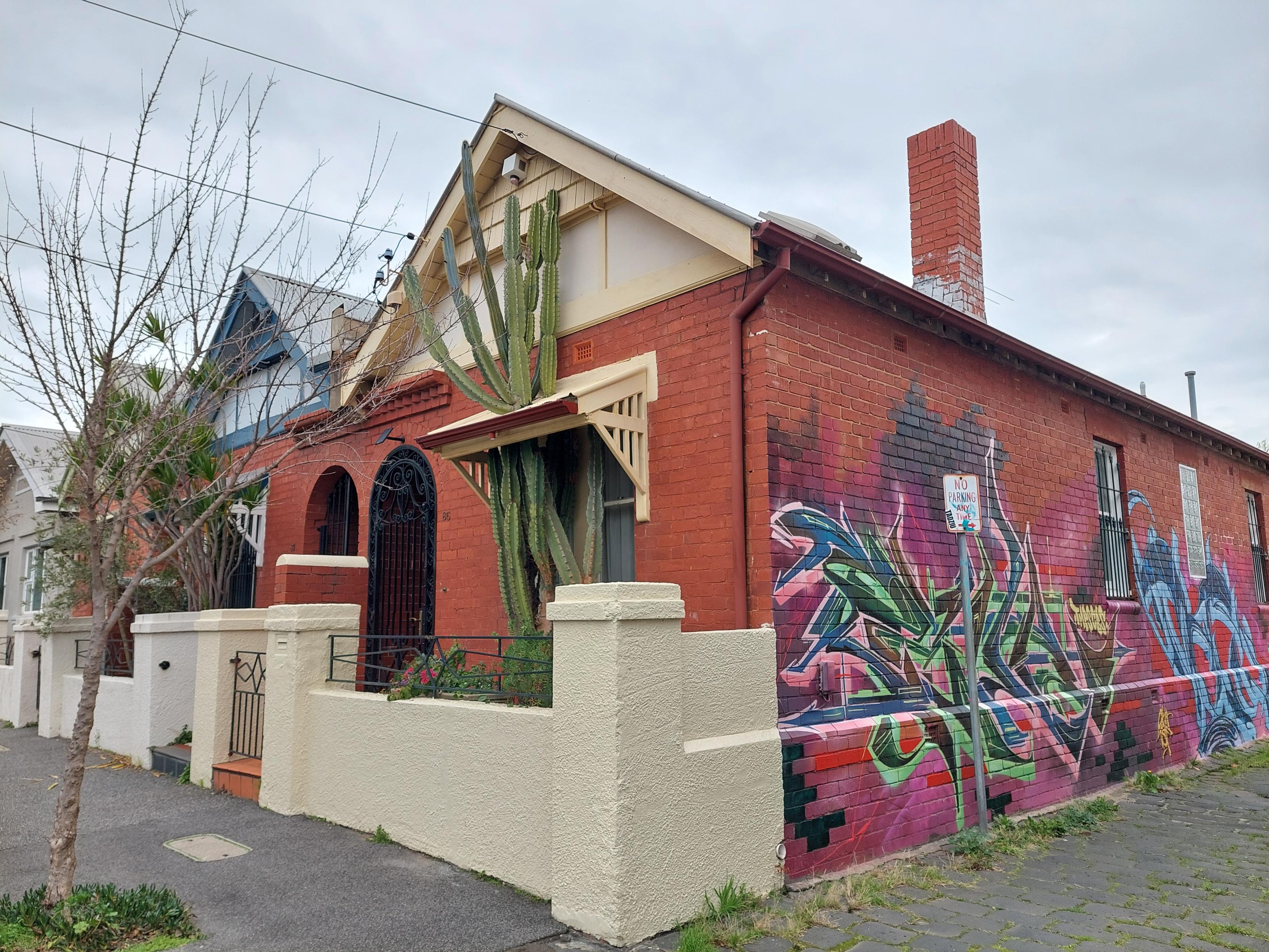 Small red brick house with a tall cactus growing in the front garden close to the front wall of the house. The cactus plant covers the small front window and grows through a hole cut in the small corrugated iron roof just above the window. The cactus continues to grows past the height of the small roof over the window and reaches close to the top of the main roof of the house.
