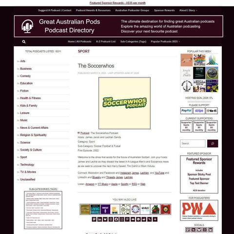 The Soccerwhos Podcast   
Screenshot of the podcast listing on the Great Australian Pods website
