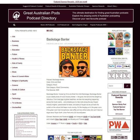 Backstage Banter   
Screenshot of the podcast listing on the Great Australian Pods website