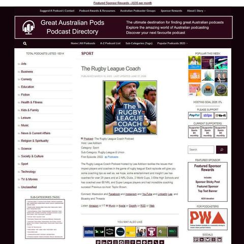 The Rugby League Coach Podcast   
Screenshot of the podcast listing on the Great Australian Pods website