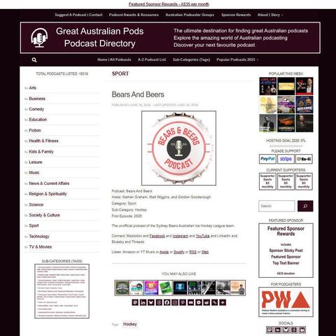 Bears And Beers   
Screenshot of the podcast listing on the Great Australian Pods website