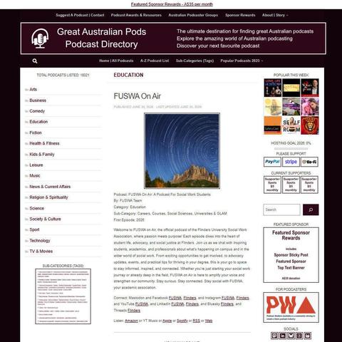 FUSWA On Air: A Podcast For Social Work Students   
Screenshot of the podcast listing on the Great Australian Pods website