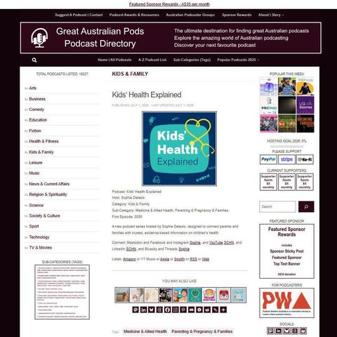 Kids' Health Explained   
Screenshot of the podcast listing on the Great Australian Pods website