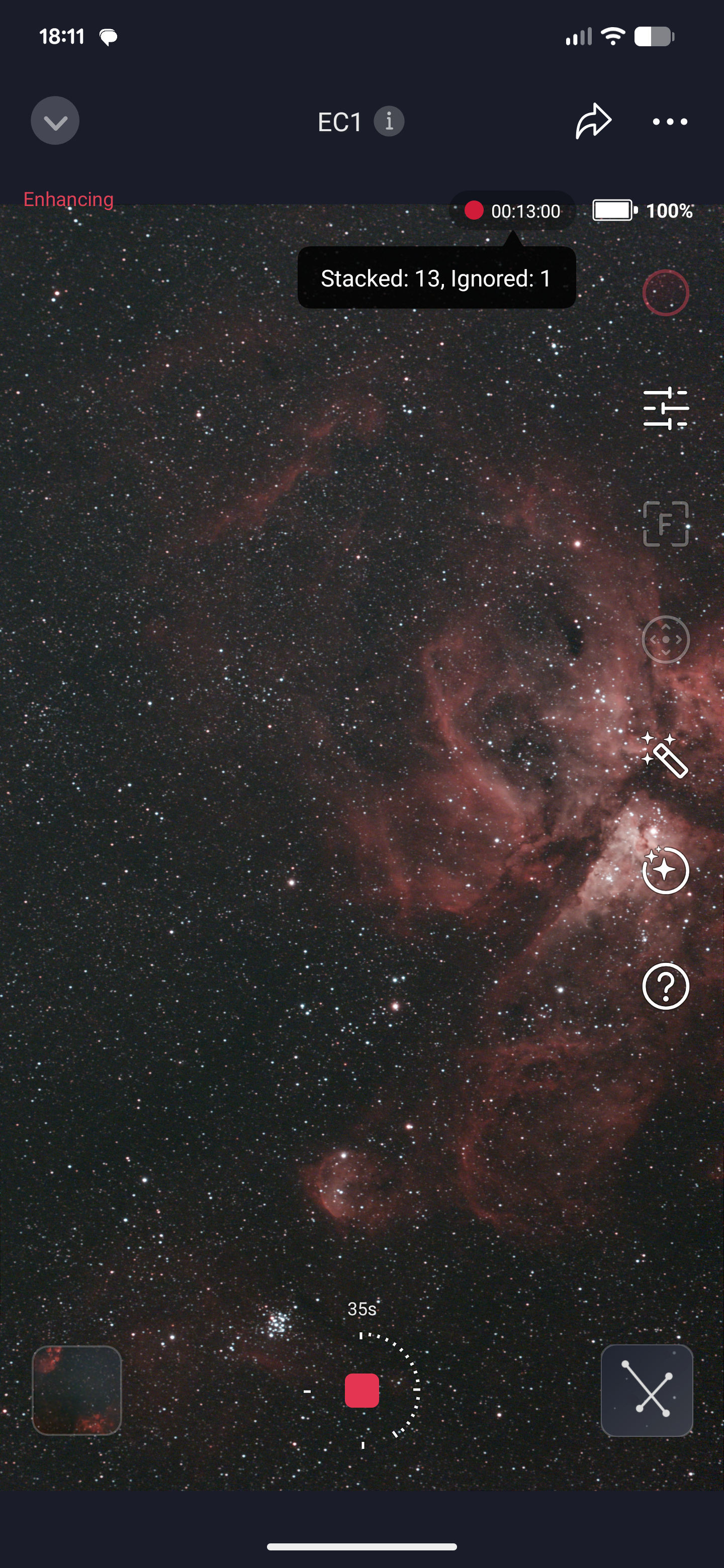 Screenshot of the Seestar app showing an imaging session in progress, with a big bright nebula clearly visible already.
