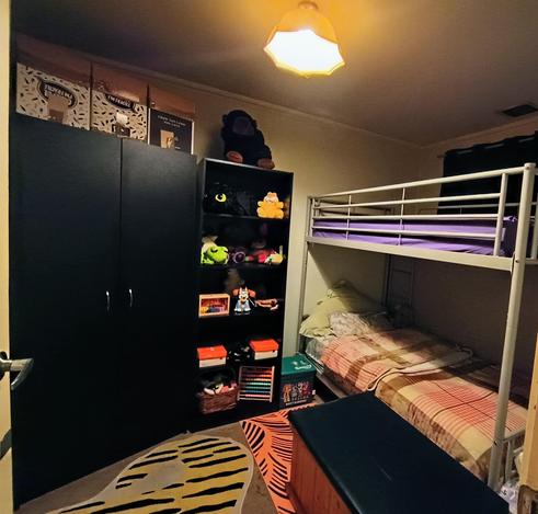 Child's bedroom with bunk beds, bookcase, cupboard, and toybox.