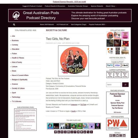Two Girls, No Plan Podcast
Screenshot of the podcast listing on the Great Australian Pods website