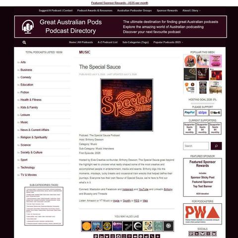 The Special Sauce Podcast   
Screenshot of the podcast listing on the Great Australian Pods website