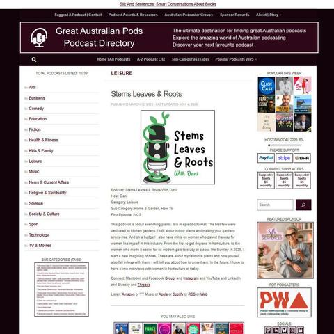 Stems Leaves & Roots With Dani    
Screenshot of the podcast listing on the Great Australian Pods website