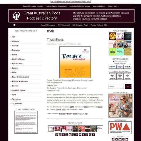 There She Is: A Womensport & Recreation Tasmania Podcast   
Screenshot of the podcast listing on the Great Australian Pods website