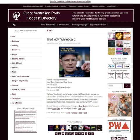 The Footy Whiteboard   
Screenshot of the podcast listing on the Great Australian Pods website