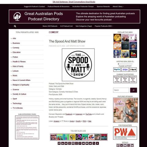 The Spood And Matt Show
Screenshot of the podcast listing on the Great Australian Pods website