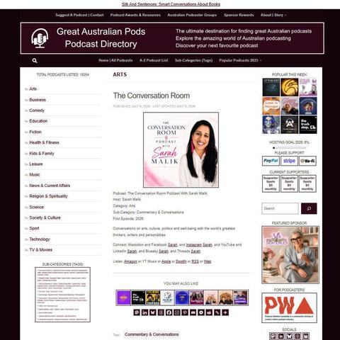 The Conversation Room Podcast With Sarah Malik
Screenshot of the podcast listing on the Great Australian Pods website